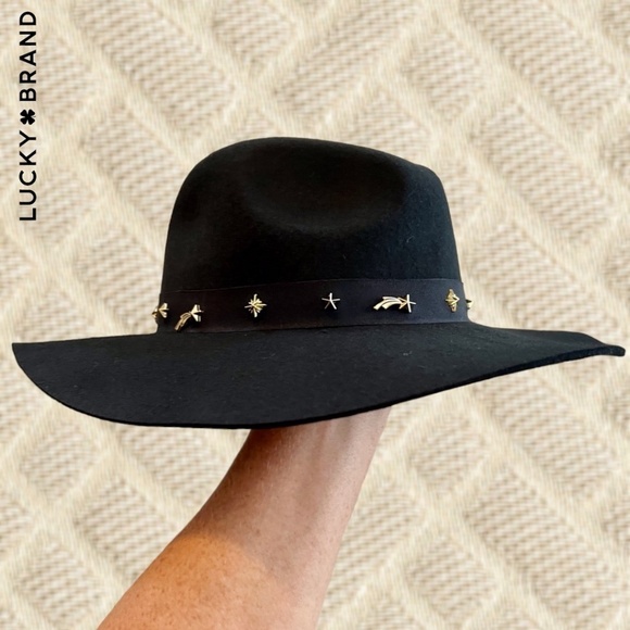 LUCKY BRAND (NWT) 100% WOOL Gold-Charm-Accented Band Black Wide Brim Ranger Hat - Picture 7 of 16
